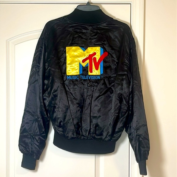 VINTAGE MTV Music Satin Jacket Black Bomber 80s Size Large - Picture 2 of 6